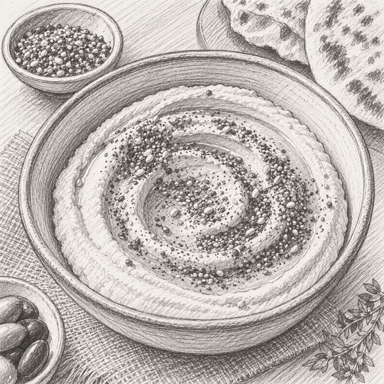 Bowl of hummus with olive oil and dukkah